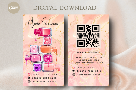 Beauty Business Card-Nail Artist Business-salon business card-Rose gold business-Social Media Marble Cards-Template Nail Business QR Code