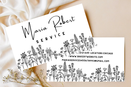 Boho botanical wildflowers business card PDF-Contact info Card-​Professional Design-luxury white BLACK card-card template EDITABLE