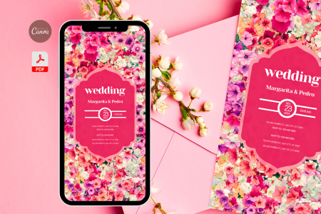 floral garden botanical invitation-Wedding Pink Invitation Template-luxury spring wildflower nature-blossom chrysanthemum EDITABLE Download